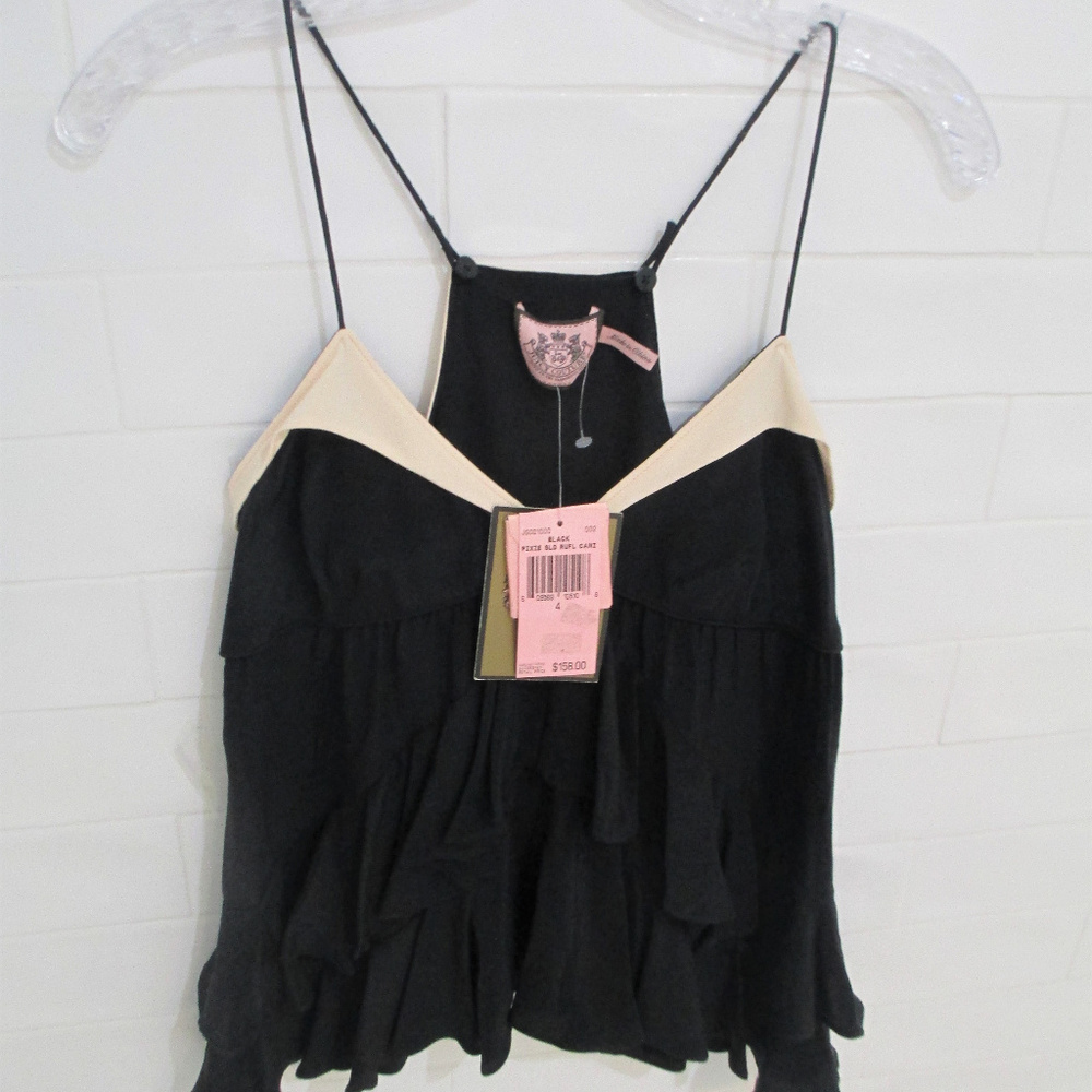 NWT Juicy Couture , Cami Silk Ruffles w/Spaghetti straps  Black Sz 4